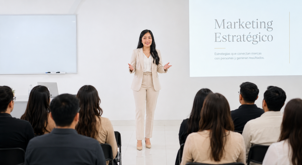 Raquel Marketer frente a un grupo de emprendedores explicando los proyectos